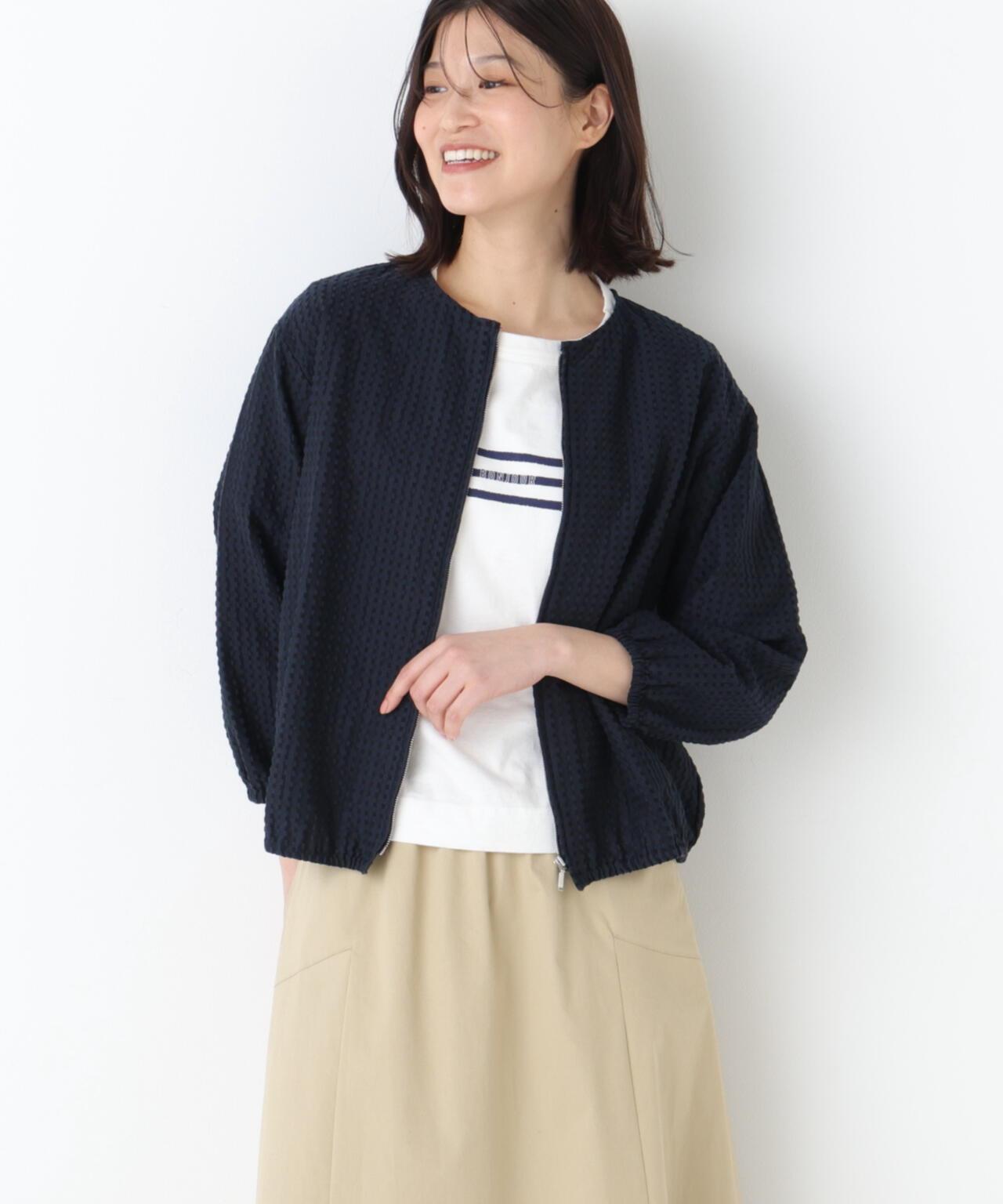 拉舍爾格紋蕾絲 拉鍊短外套