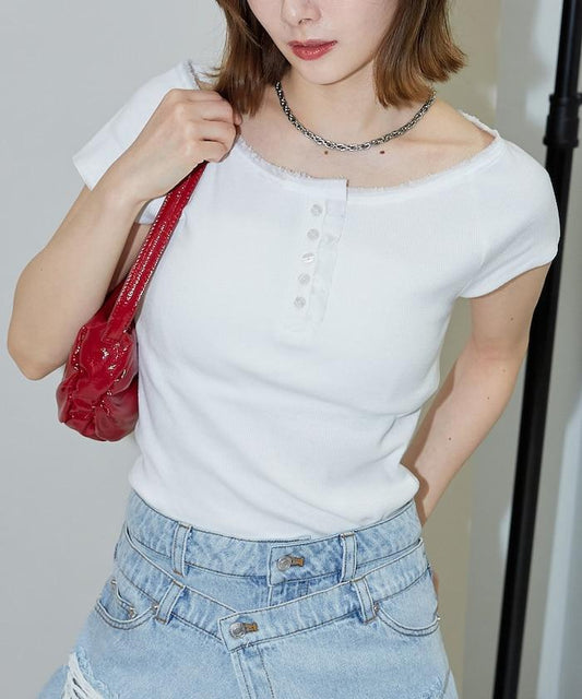 領口蕾絲拼接 亨利領 羅紋T恤