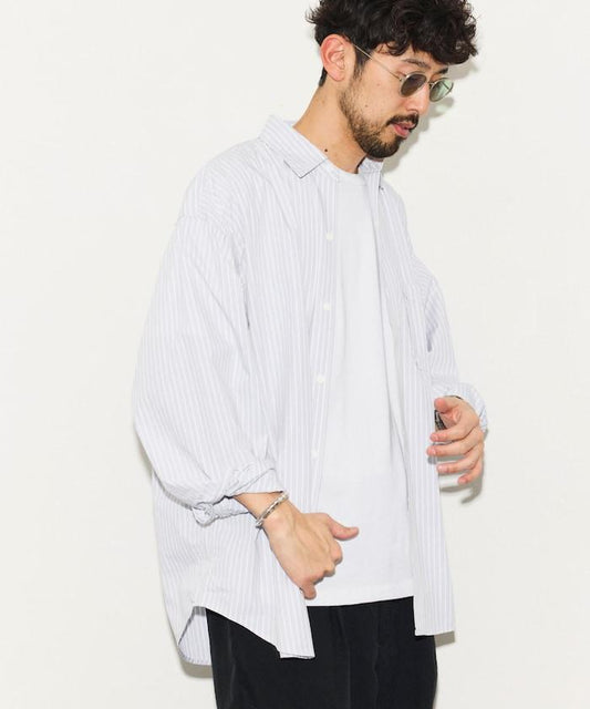 寬鬆廓形 寬條紋拼接設計 府綢 常規領襯衫