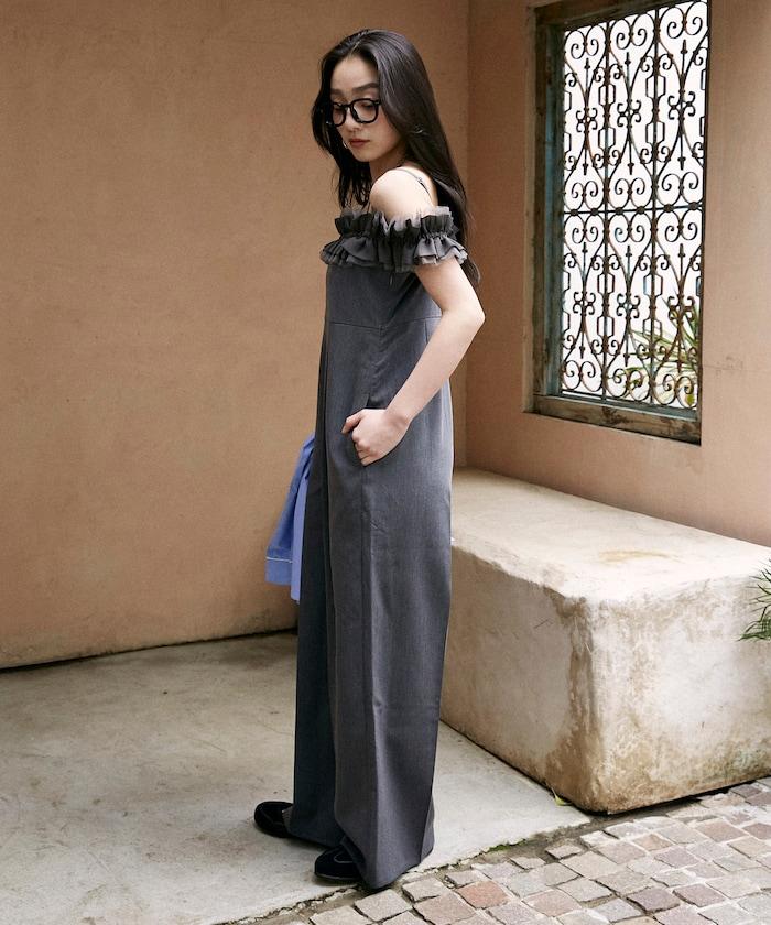 2WAY薄紗肩帶連體褲