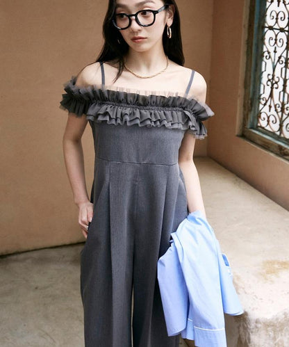 2WAY薄紗肩帶連體褲