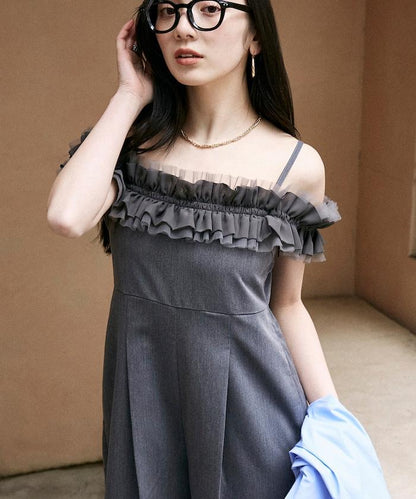 2WAY薄紗肩帶連體褲