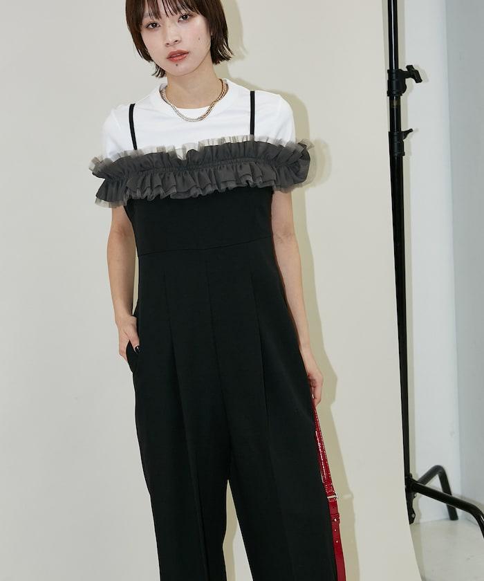 2WAY薄紗肩帶連體褲