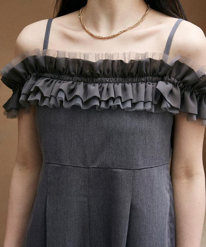 2WAY薄紗肩帶連體褲