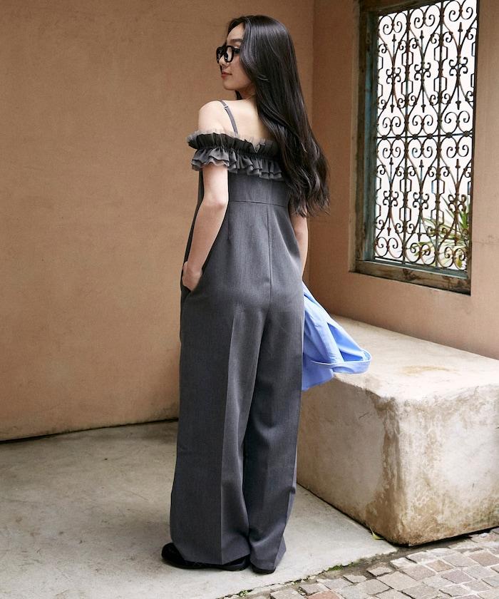 2WAY薄紗肩帶連體褲