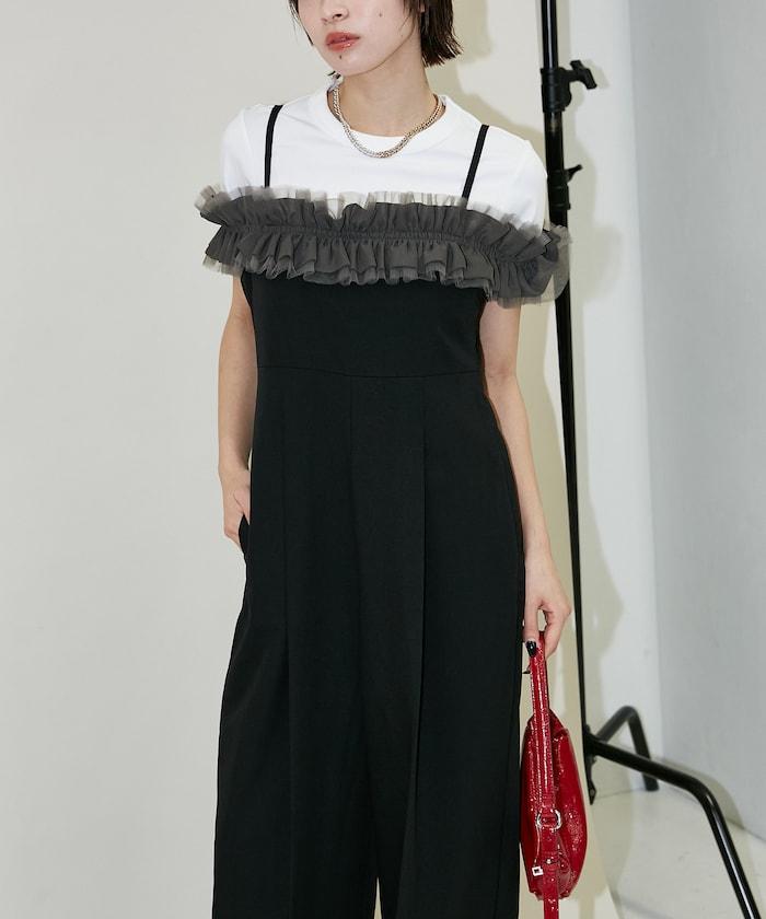 2WAY薄紗肩帶連體褲