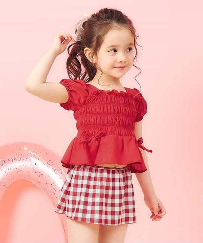 格紋熱帶花卉抽褶分體式泳裝