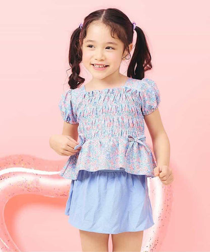 格紋熱帶花卉抽褶分體式泳裝