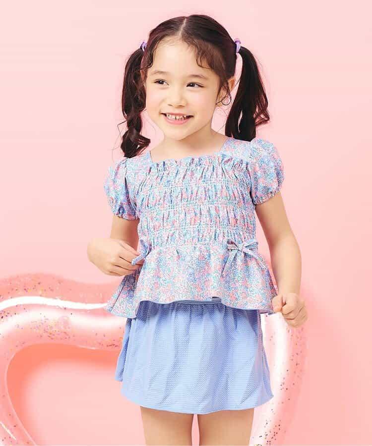 格紋熱帶花卉抽褶分體式泳裝