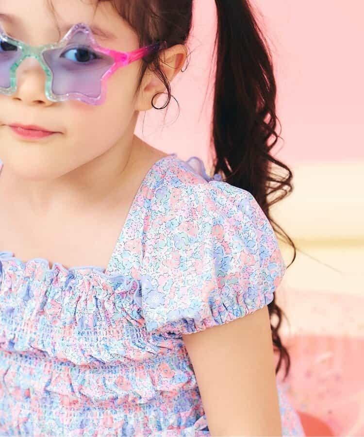 格紋熱帶花卉抽褶分體式泳裝