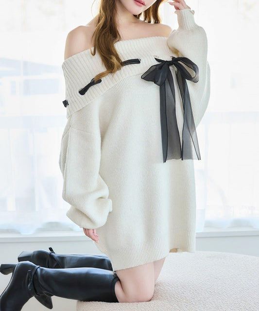 one after another 蝴蝶結裝飾 一字肩 針織連衣裙