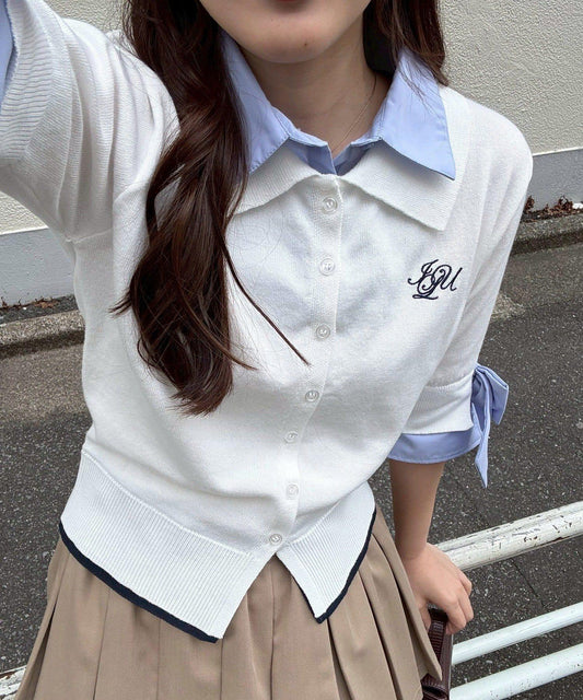 ANOTHER BRANCH 雙層領拼接五分袖針織上衣