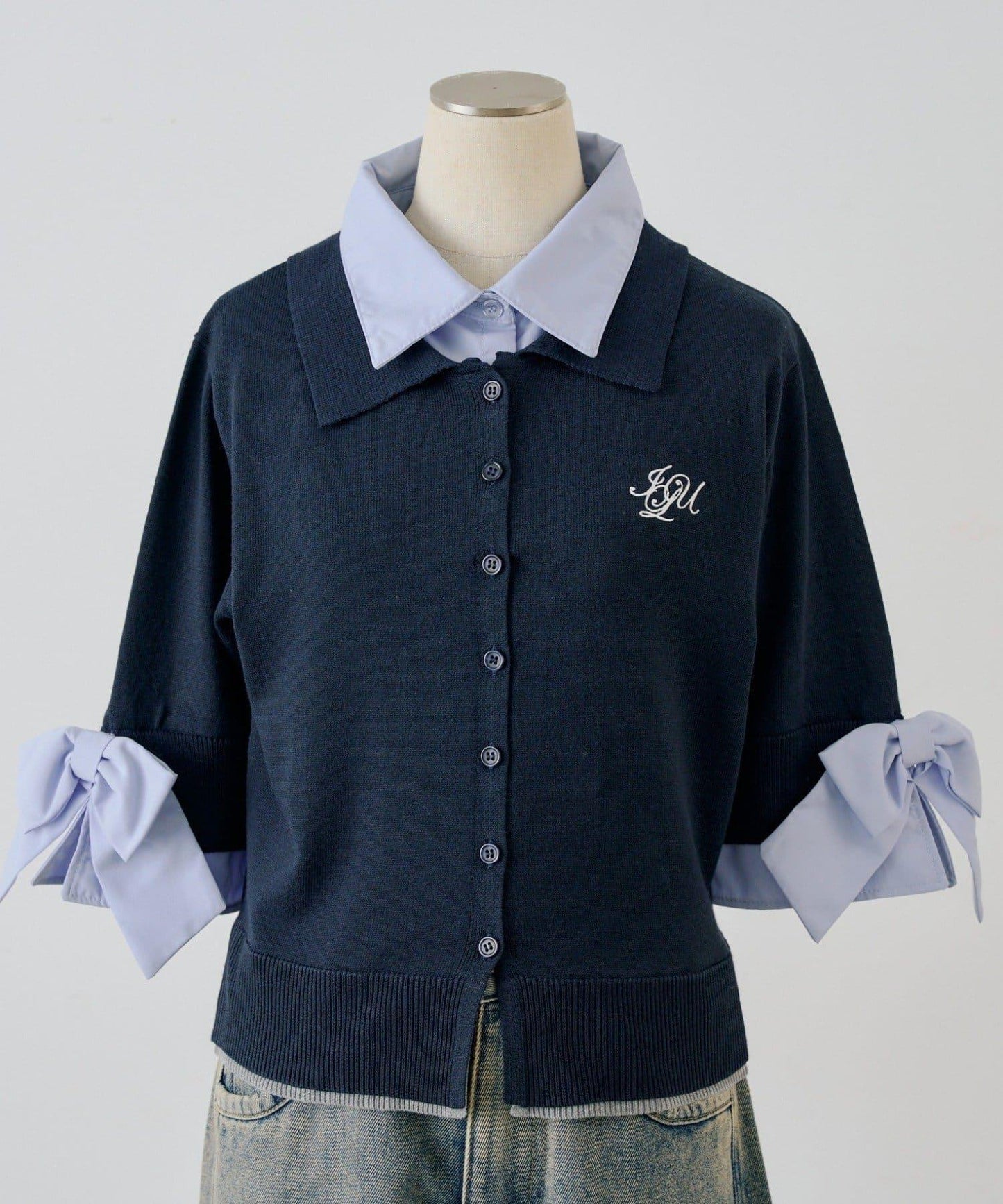 ANOTHER BRANCH 雙層領拼接五分袖針織上衣