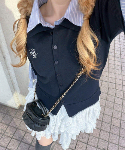 ANOTHER BRANCH 雙層領拼接五分袖針織上衣