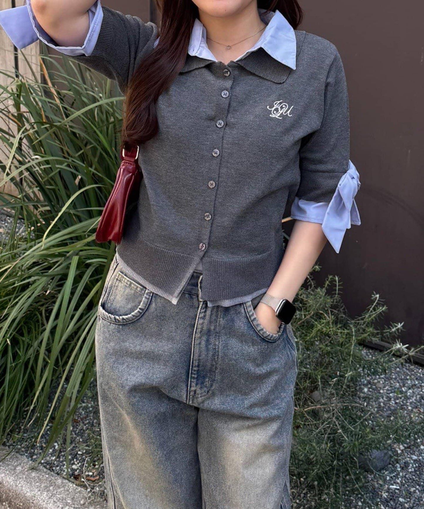 ANOTHER BRANCH 雙層領拼接五分袖針織上衣