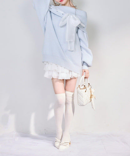 one after another 蝴蝶結裝飾 一字肩 針織連衣裙