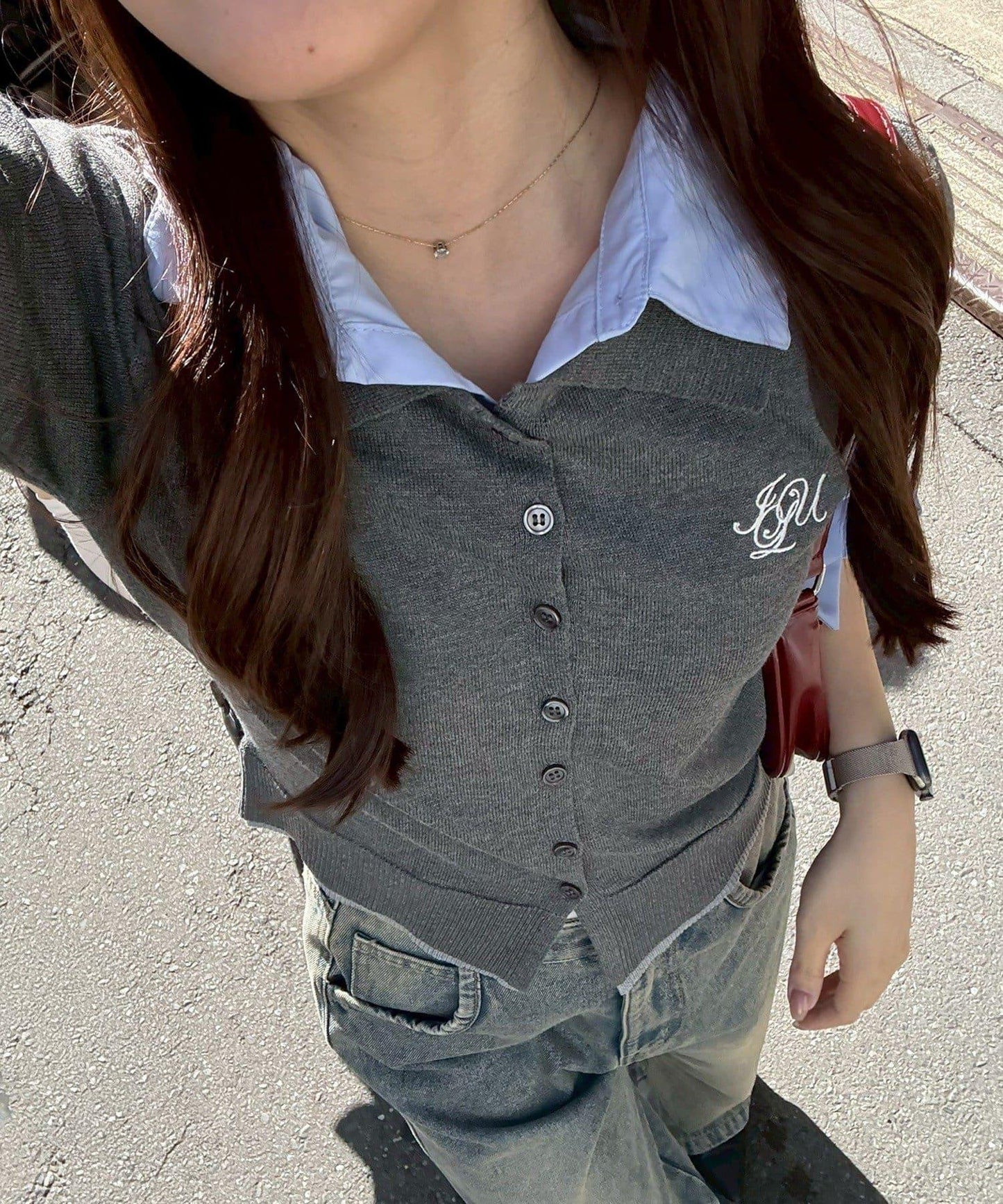 ANOTHER BRANCH 雙層領拼接五分袖針織上衣