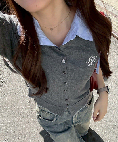 ANOTHER BRANCH 雙層領拼接五分袖針織上衣