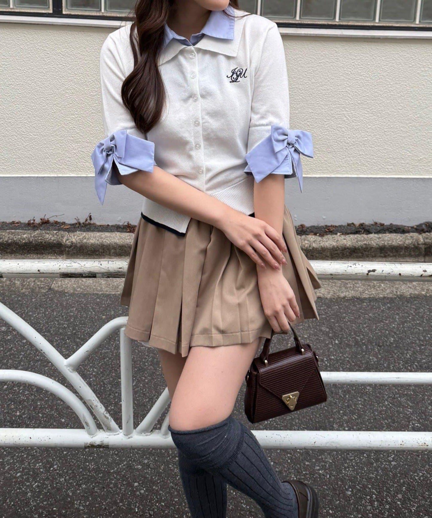 ANOTHER BRANCH 雙層領拼接五分袖針織上衣