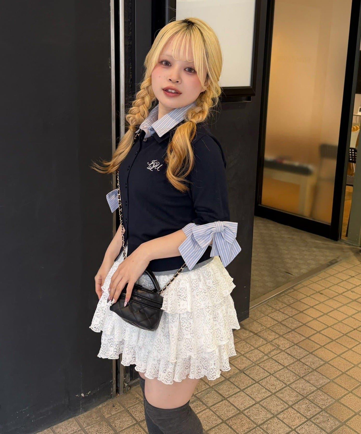 ANOTHER BRANCH 雙層領拼接五分袖針織上衣