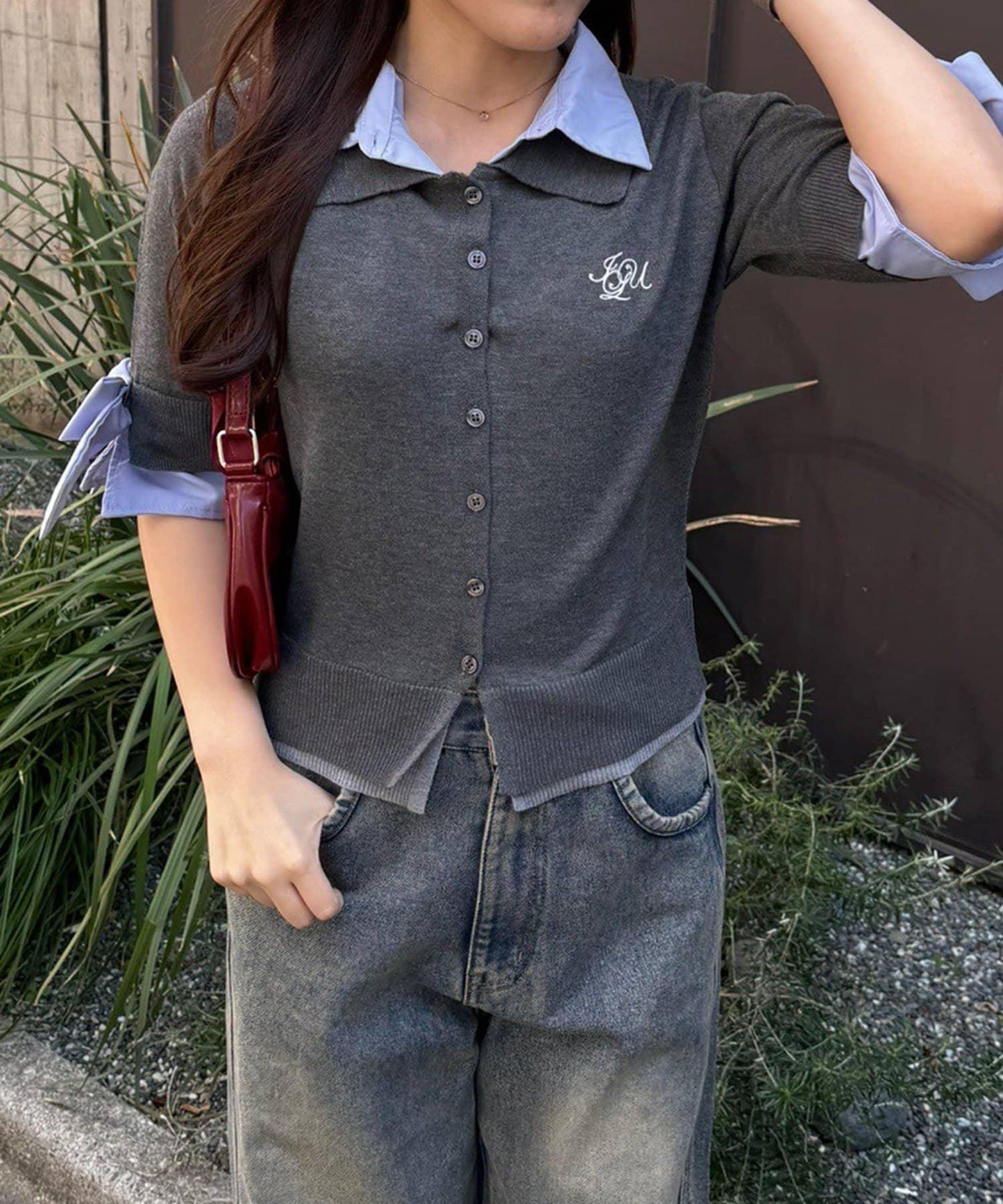 ANOTHER BRANCH 雙層領拼接五分袖針織上衣