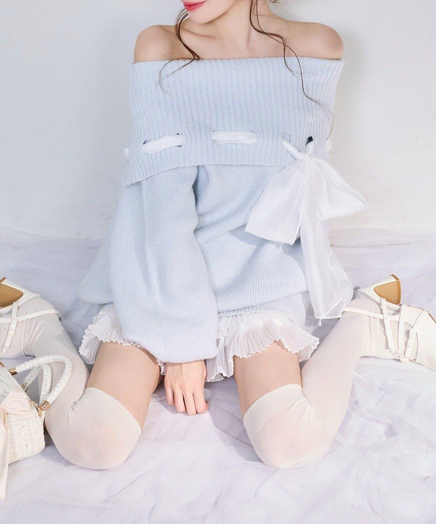 one after another 蝴蝶結裝飾 一字肩 針織連衣裙