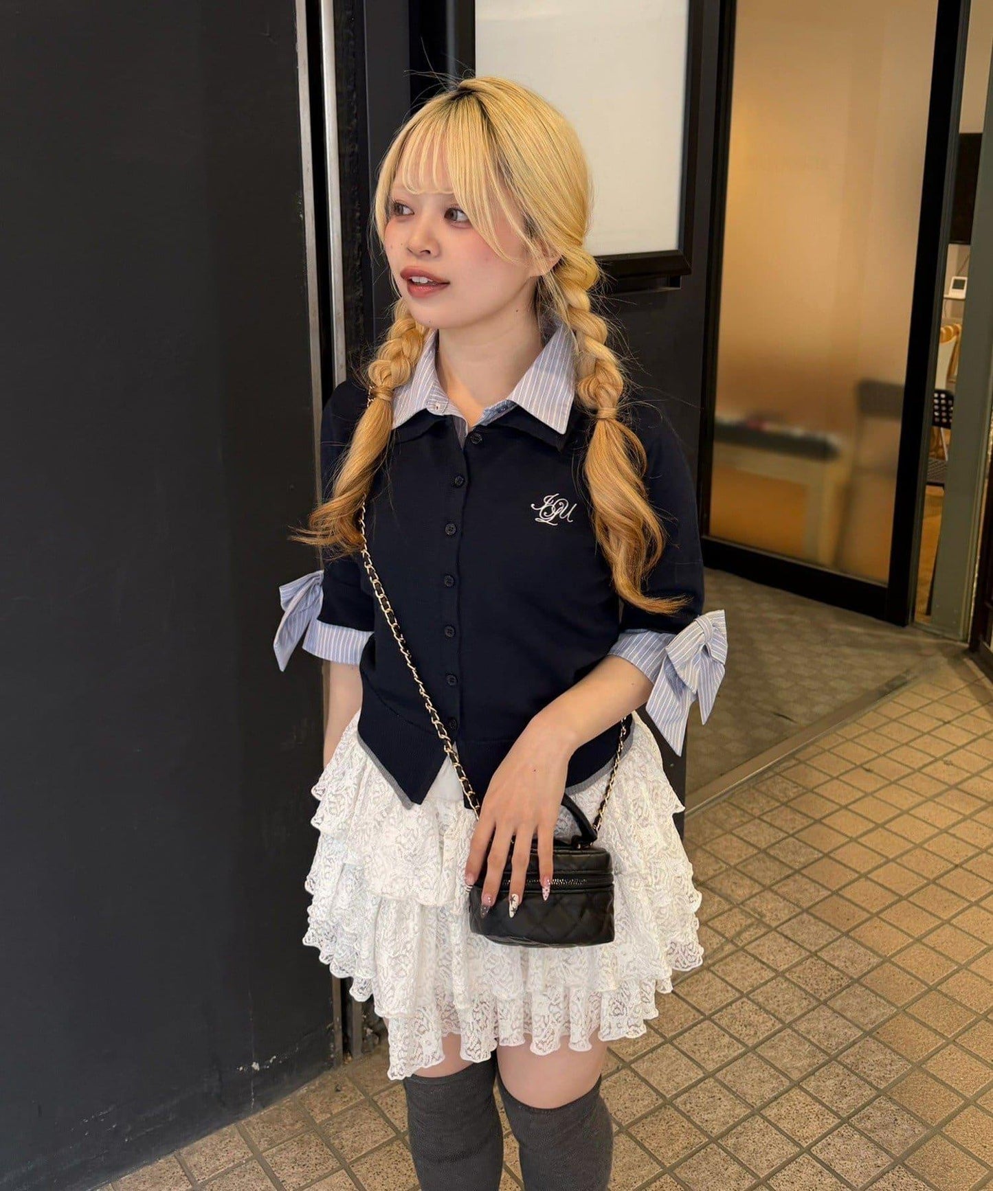 ANOTHER BRANCH 雙層領拼接五分袖針織上衣