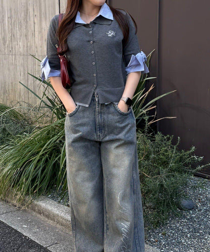 ANOTHER BRANCH 雙層領拼接五分袖針織上衣