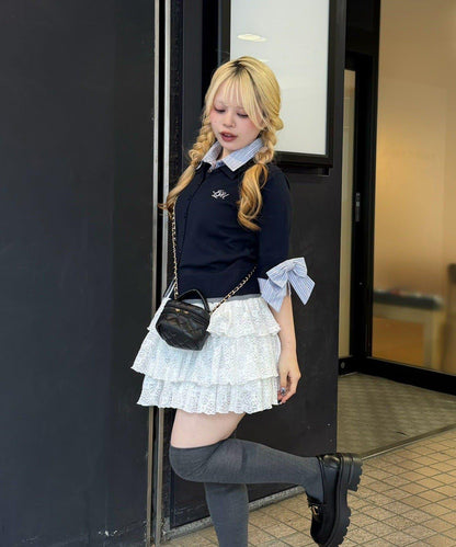 ANOTHER BRANCH 雙層領拼接五分袖針織上衣