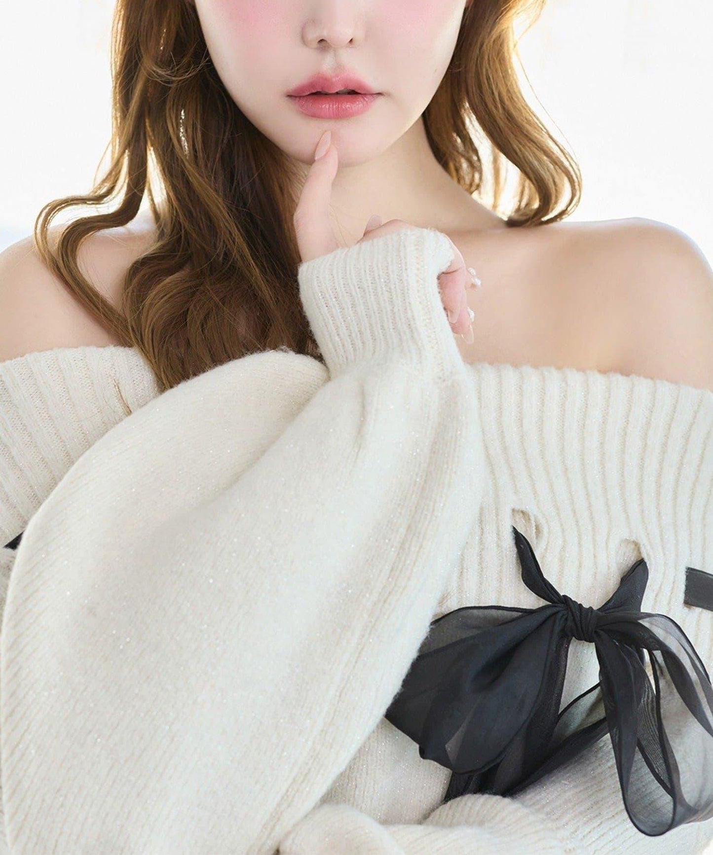 one after another 蝴蝶結裝飾 一字肩 針織連衣裙