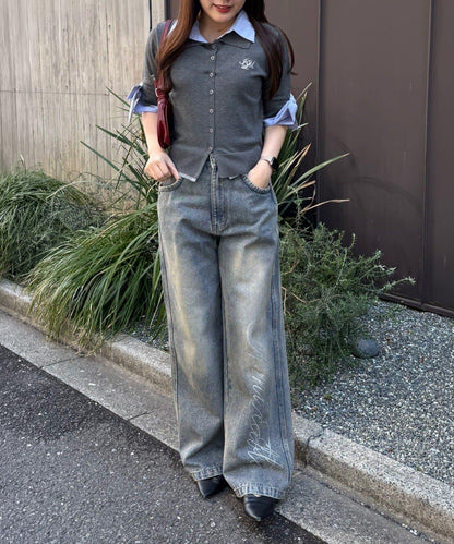 ANOTHER BRANCH 雙層領拼接五分袖針織上衣