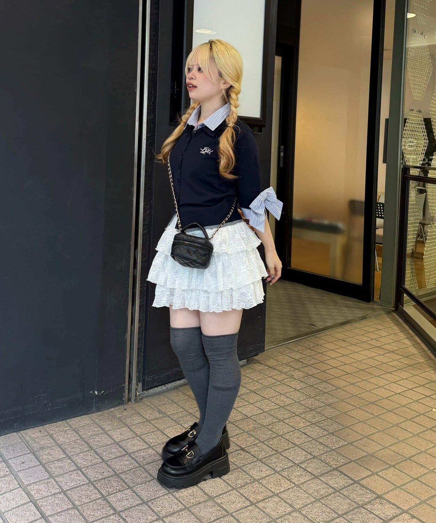 ANOTHER BRANCH 雙層領拼接五分袖針織上衣