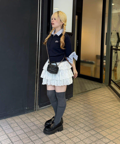 ANOTHER BRANCH 雙層領拼接五分袖針織上衣