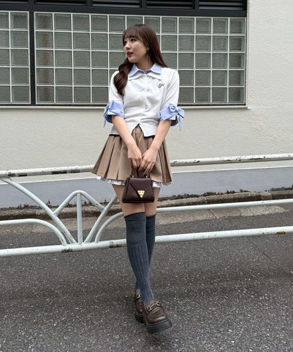 ANOTHER BRANCH 雙層領拼接五分袖針織上衣