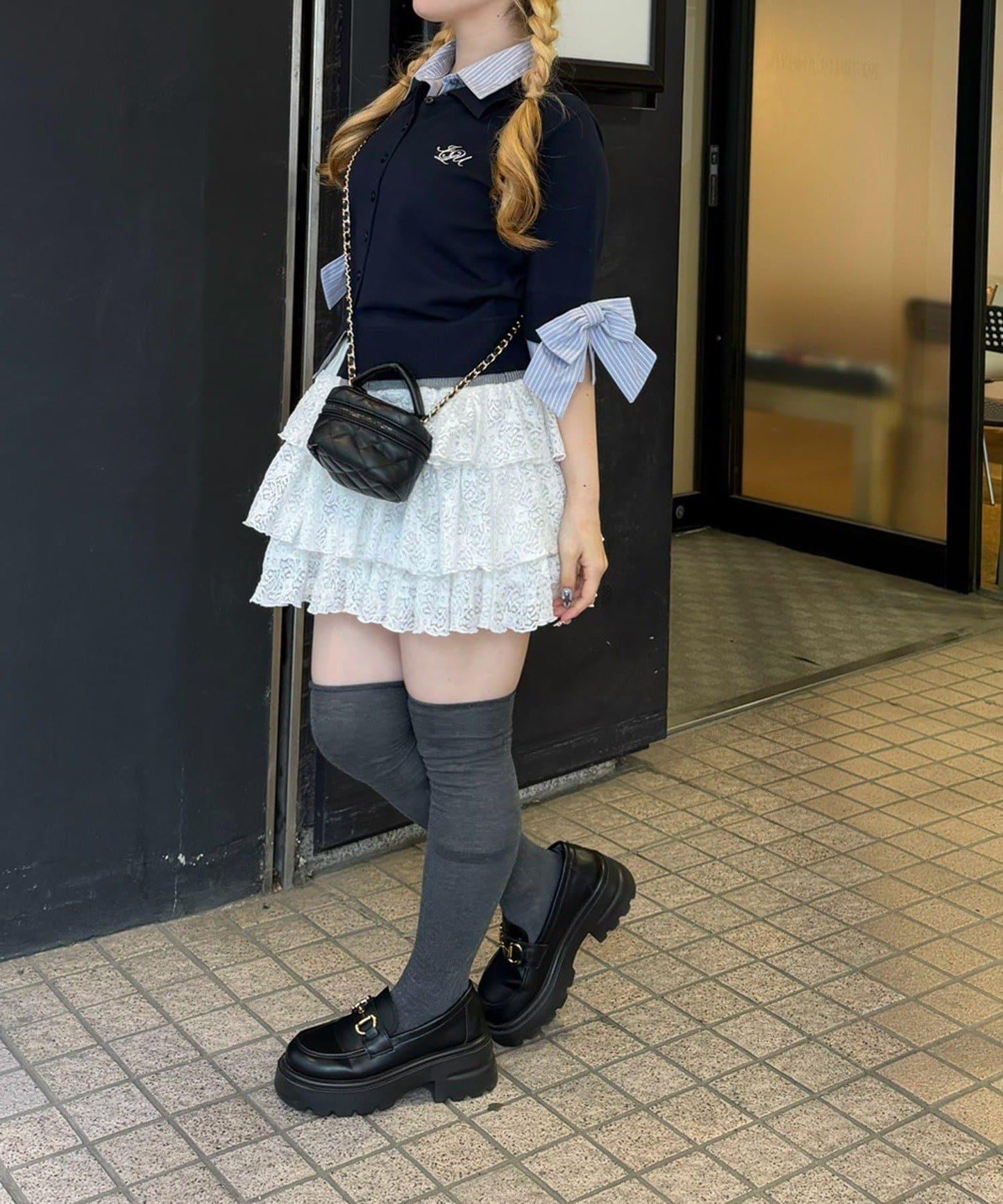 ANOTHER BRANCH 雙層領拼接五分袖針織上衣