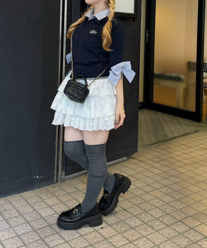 ANOTHER BRANCH 雙層領拼接五分袖針織上衣