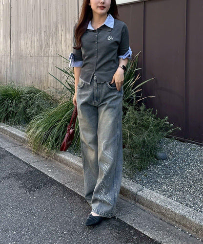 ANOTHER BRANCH 雙層領拼接五分袖針織上衣