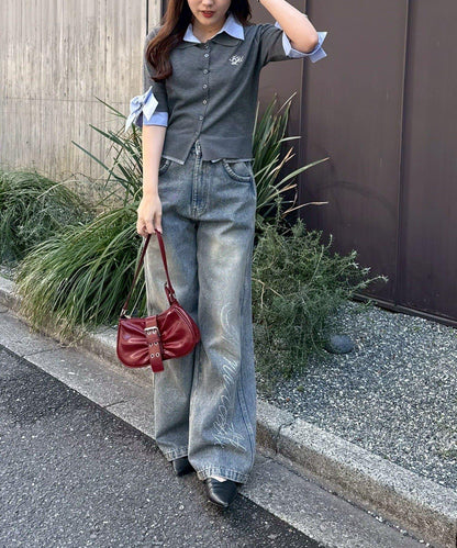 ANOTHER BRANCH 雙層領拼接五分袖針織上衣