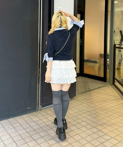 ANOTHER BRANCH 雙層領拼接五分袖針織上衣