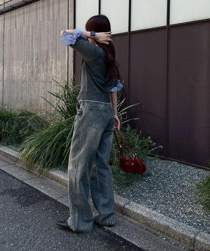 ANOTHER BRANCH 雙層領拼接五分袖針織上衣