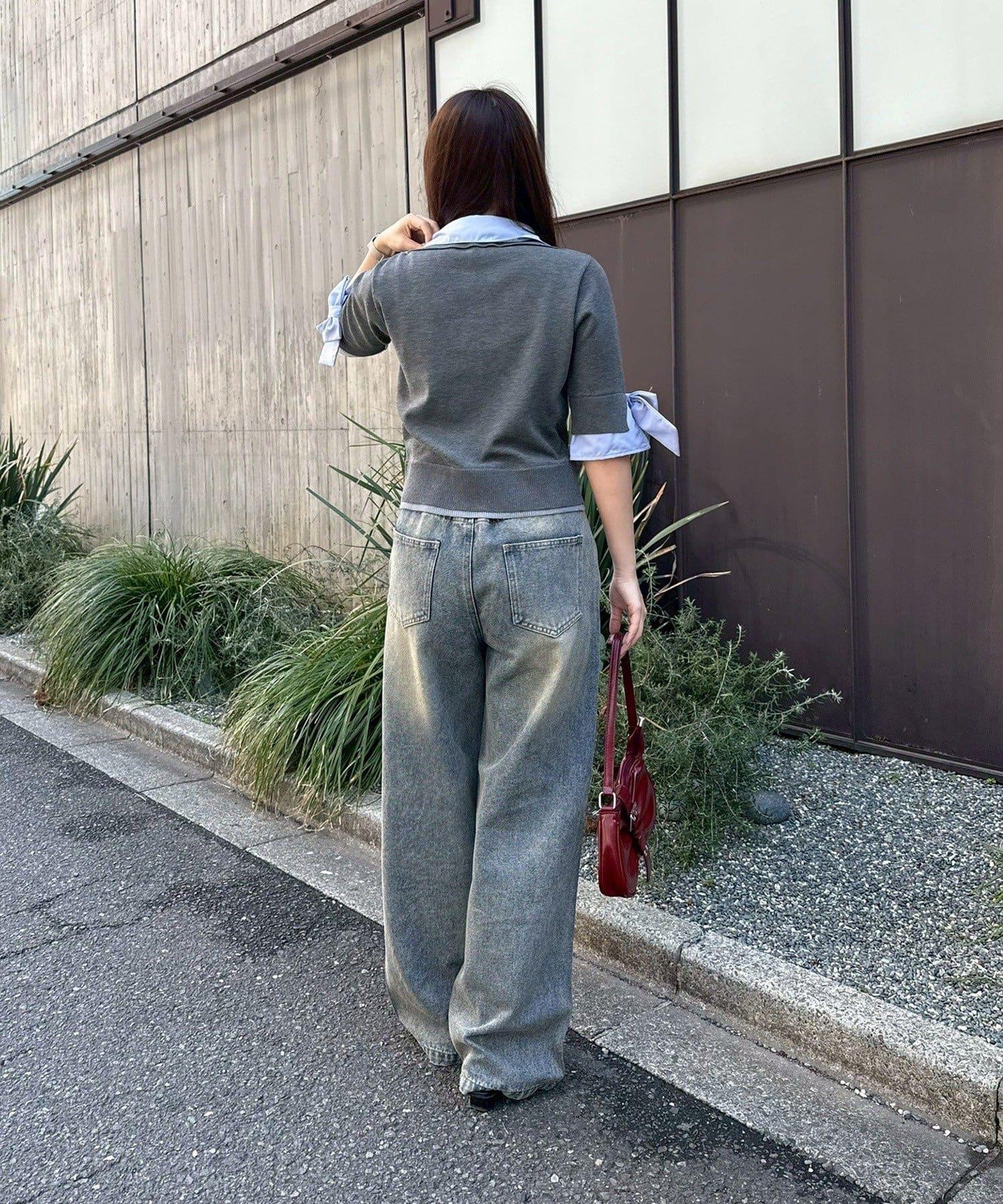 ANOTHER BRANCH 雙層領拼接五分袖針織上衣