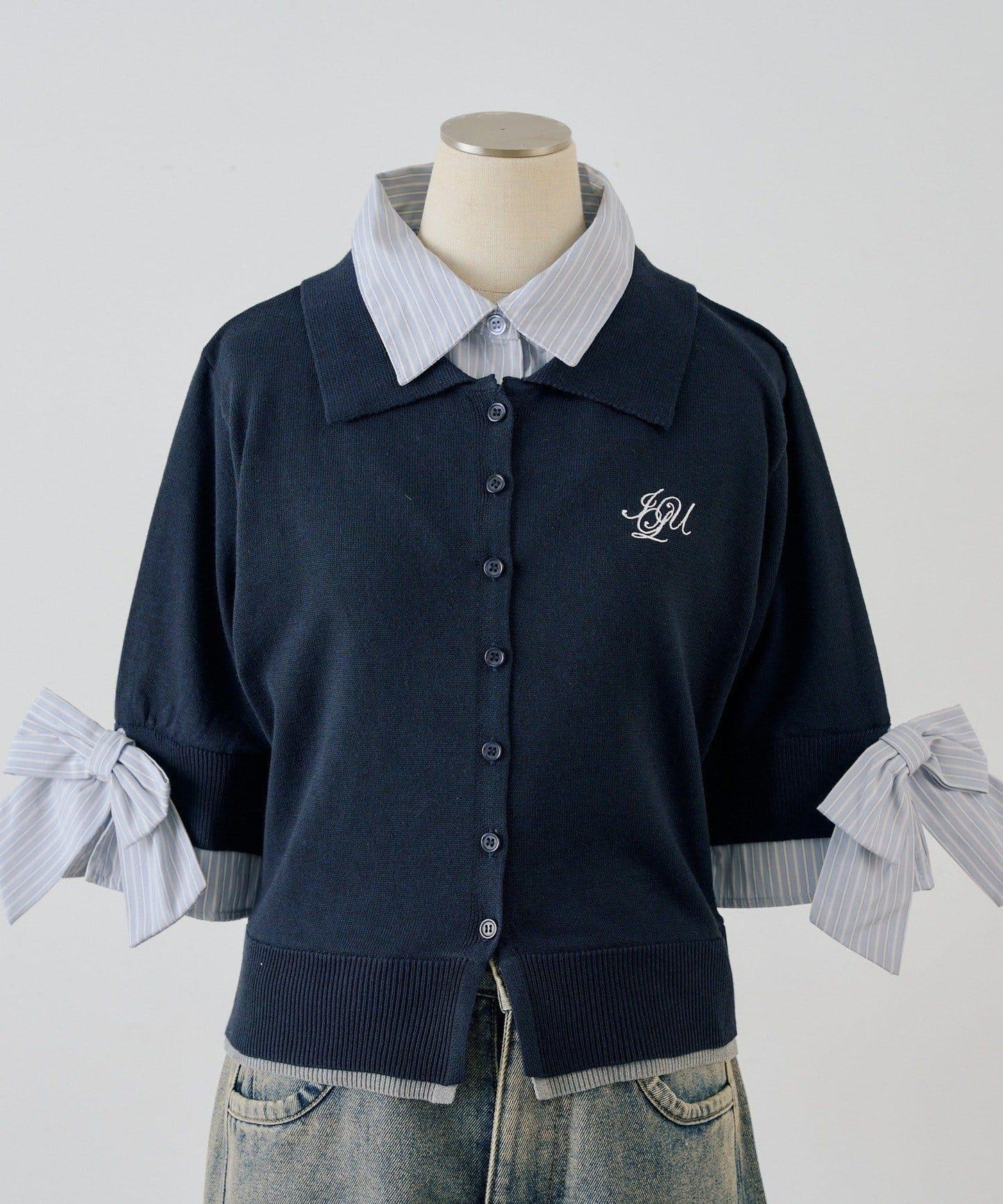 ANOTHER BRANCH 雙層領拼接五分袖針織上衣