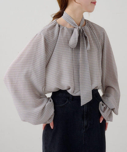 B 透感格紋 蝴蝶結設計 襯衫