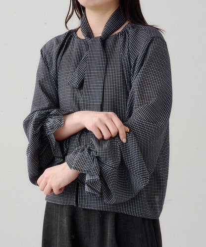 B 透感格紋 蝴蝶結設計 襯衫