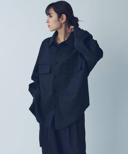 雙口袋寬鬆襯衫夾克