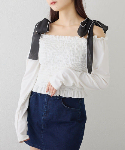 one after another 肩部蝴蝶結抽褶上衣