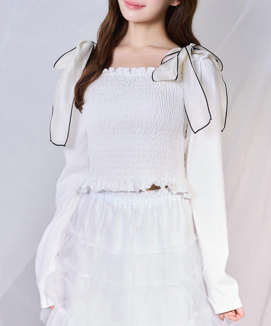 one after another 肩部蝴蝶結抽褶上衣