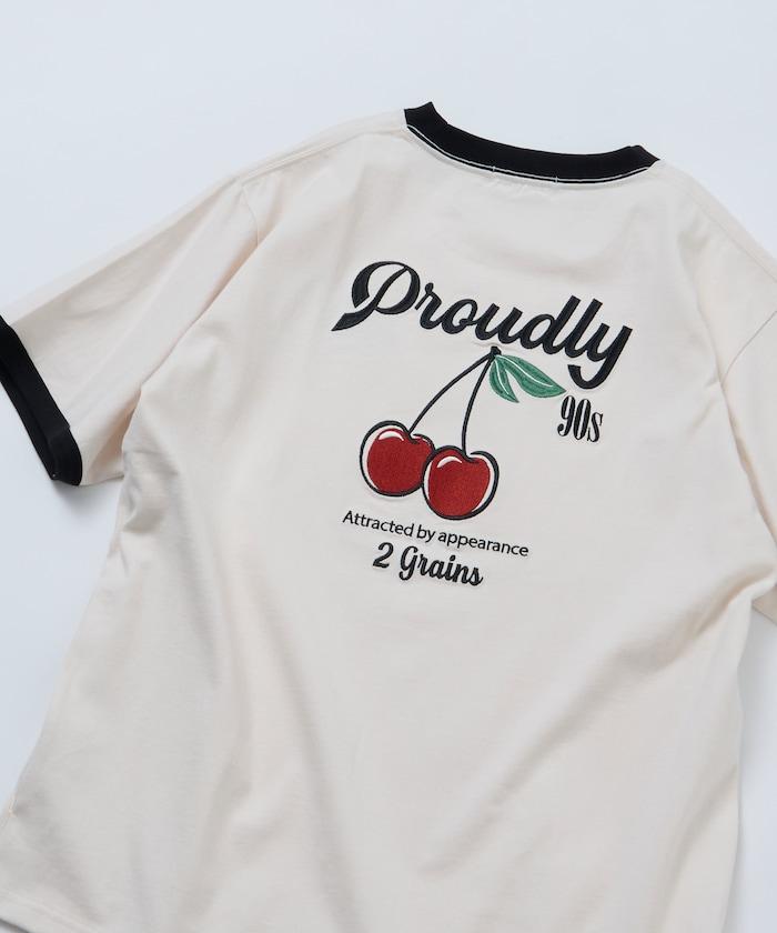 寬鬆版 後背刺繡 Cherry ringer 設計 圓領 T恤