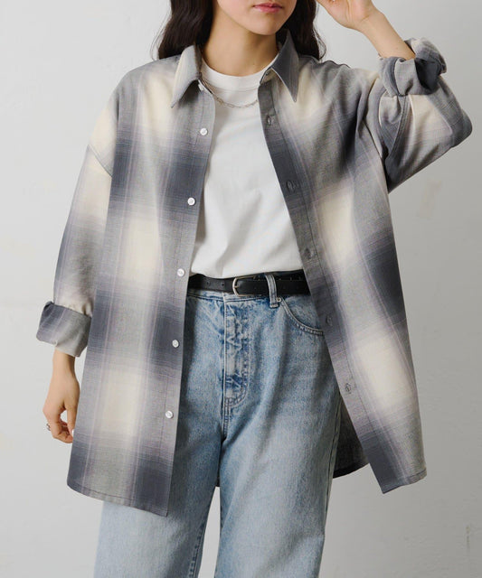 亞麻風漸變格長袖襯衫