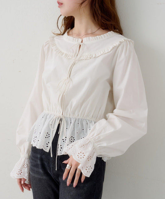 B棉質蕾絲 荷葉邊 襯衫